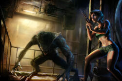 Rule 34 | 1girl, 1other, augustkimbrell7, claws, fangs, green shorts, green sports bra, gun, handgun, headband, highres, holding, holding gun, holding weapon, hunter (resident evil), monster, navel, official alternate costume, open mouth, parted lips, railing, rebecca chambers, red headband, resident evil, resident evil 0, short hair, short shorts, shorts, sports bra, stomach, toned, weapon