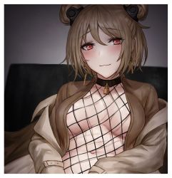 Rule 34 | 1girl, areola slip, blush, breasts, brown hair, brown shirt, cleavage, closed mouth, collared shirt, double bun, earrings, girls&#039; frontline, hair bun, jewelry, large breasts, long sleeves, looking at viewer, navel, official alternate costume, open clothes, p90 (girls&#039; frontline), p90 (the girl from b.e.l) (girls&#039; frontline), red eyes, selcky, shirt, short hair, smile, solo, upper body
