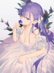 Rule 34 | 1girl, absurdres, alternate costume, bare shoulders, blue eyes, blue flower, blue rose, breasts, cherrymaru, cleavage, commentary, dress, fate/extra, fate/extra ccc, fate/grand order, fate (series), flower, hair ribbon, highres, holding, holding flower, long hair, looking at viewer, meltryllis (fate), purple hair, ribbon, rose, small breasts, solo, strapless, strapless dress, very long hair, white dress, white ribbon