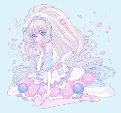 Rule 34 | !?, 1girl, apron, blonde hair, blue background, blue eyes, blunt bangs, blush, bridal gauntlets, choker, commentary, cure finale, delicious party precure, kasai amane, long hair, magical girl, nachuko (nikukome29), pastel colors, pink choker, pink footwear, precure, sitting, solo, symbol-only commentary, tiara, very long hair, wide ponytail