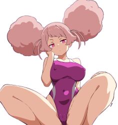 Rule 34 | 1girl, afro puffs, batta 16-sei, breasts, cameltoe, chuatury panlunch, cleft of venus, competition swimsuit, covered erect nipples, covered navel, double bun, gundam, gundam suisei no majo, hair bun, hand on own face, highleg, highleg swimsuit, highres, large breasts, one-piece swimsuit, pink eyes, pink hair, purple one-piece swimsuit, simple background, solo, squatting, swimsuit, white background