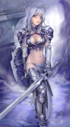 Rule 34 | 1girl, armor, blue eyes, boots, breasts, center opening, cleavage, cleavage cutout, clothing cutout, elbow gloves, gauntlets, gloves, grey eyes, highres, kuratch, loincloth, midriff, original, shield, shoulder armor, solo, pauldrons, sword, thigh boots, thighhighs, water, weapon, white hair