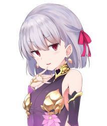 Rule 34 | 000kk, 1girl, armor, bare shoulders, bikini armor, blush, breasts, collar, detached sleeves, dress, earrings, fate/grand order, fate (series), finger to own chin, hair ribbon, hand up, highres, jewelry, kama (fate), kama (first ascension) (fate), looking at viewer, metal collar, open mouth, pink ribbon, purple dress, purple sleeves, ribbon, ring, short hair, silver hair, simple background, small breasts, smile, solo, white background