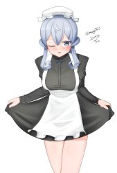 Rule 34 | 1girl, absurdres, alternate costume, apron, black dress, blue eyes, blue hair, curtsey, dated, dress, enmaided, frilled apron, frills, gotland (kancolle), hair bun, hat, highres, kantai collection, long hair, looking at viewer, maid, maru (marg0613), mob cap, mole, mole under eye, one-hour drawing challenge, one eye closed, simple background, single hair bun, skirt hold, solo, standing, twitter username, white apron, white background