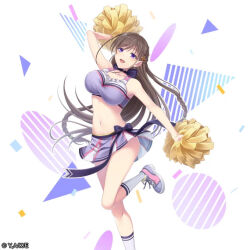 Rule 34 | 1girl, black bow, bow, breasts, brown hair, cheerleader, crop top, elfine phillet, hair ornament, holding, holding pom poms, large breasts, long hair, looking at viewer, midriff, miniskirt, navel, non-web source, official art, pom pom (cheerleading), pom poms, purple eyes, seiken gakuin no maken tsukai, skirt, standing, standing on one leg