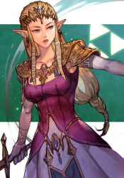 Rule 34 | 1girl, armor, blonde hair, blue eyes, breasts, collarbone, dress, female focus, hair tie, holding, holding sword, holding weapon, hungry clicker, long hair, low-tied long hair, medium breasts, nintendo, pointy ears, princess zelda, shoulder armor, solo, sword, the legend of zelda, the legend of zelda: twilight princess, tiara, weapon