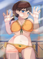 Rule 34 | 1girl, absurdres, against glass, bikini, blue eyes, blush, breast press, breasts, breasts on glass, brown hair, cheek squash, front-tie top, glass, hair ornament, hand on glass, hands up, highres, large breasts, looking at viewer, navel, original, rabbit hair ornament, sakimori dan, short hair, side-tie bikini bottom, smile, solo, swimsuit, twintails, yellow bikini