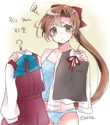Rule 34 | 10s, 1girl, akigumo (kancolle), akiho (quinrose), artist name, bad id, bad twitter id, bare shoulders, bow, brown hair, dated, green eyes, hair bow, kantai collection, long hair, lowres, panties, ponytail, school uniform, signature, solo, squiggle, twitter username, underwear, uniform vest