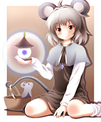 Rule 34 | 1girl, animal ears, basket, bishamonten&#039;s pagoda, female focus, grey hair, jewelry, mouse (animal), mouse ears, mouse tail, nazrin, pendant, red eyes, short hair, sitting, solo, sui. (ayase), tail, touhou, wariza