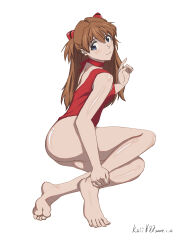Rule 34 | 1girl, absurdres, adapted costume, artist request, barefoot, blue eyes, breasts, full body, highleg, highleg swimsuit, highres, long hair, looking back, neon genesis evangelion, one-piece swimsuit, red one-piece swimsuit, shiny skin, simple background, small breasts, smile, solo, souryuu asuka langley, swimsuit, toes, white background