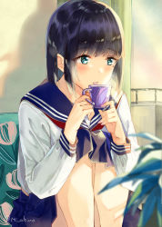 Rule 34 | 1girl, aged down, black hair, blue sailor collar, blue skirt, blurry, blurry foreground, blush, character request, coffee wo shizuka ni, commentary request, cup, curtains, depth of field, floral print, green eyes, holding, holding cup, indoors, knees up, long sleeves, looking away, looking to the side, miyabi akino, mole, mole under eye, parted lips, pillow, plant, pleated skirt, sailor collar, school uniform, serafuku, shirt, sitting, skirt, solo, steam, sunrise, twitter username, white shirt, window