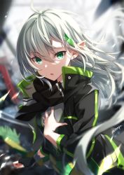 Rule 34 | 1girl, blurry, blurry background, blurry foreground, fingerless gloves, gloves, green eyes, grey hair, high collar, highres, long hair, looking at viewer, lord of heroes, pointy ears, scarf, single fingerless glove, slit pupils, solo, upper body, yaki mayu