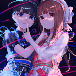 Rule 34 | 2girls, absurdres, black background, black headwear, blue eyes, blunt bangs, copyright request, frills, hand on another&#039;s waist, hat, highres, idol, index finger raised, long sleeves, looking at viewer, multiple girls, official art, red eyes, ritao kamo, short sleeves, smile, white headwear