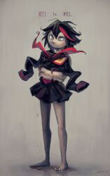 alternate_art_style artist_name barefoot biting black_hair blood commentary copyright_name grey_background implied_nudity kamui_(kill_la_kill) kill_la_kill koto_inari life_fiber living_clothes looking_at_another matoi_ryuuko messy_hair multicolored_hair senketsu streaked_hair two-tone_hair