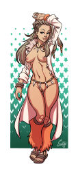 Rule 34 | 1girl, absurdres, arm up, armlet, artist name, breasts, brown hair, coat, creatures (company), game freak, hand up, highres, jewelry, lab coat, long hair, long sleeves, medium breasts, midriff, naked coat, navel, necklace, nintendo, nipples, nude, open clothes, open coat, orange nails, pokemon, pokemon sv, pussy, sada (pokemon), sandals, shirt, shorts, solo, sorje, star (symbol), starry background, wide hips