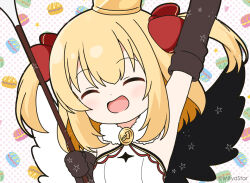 Rule 34 | 1girl, :d, ^ ^, arm up, armpits, asymmetrical wings, black gloves, black wings, blonde hair, bow, closed eyes, commentary request, crown, dress, elbow gloves, facing viewer, gloves, hair bow, marl (shironeko project), mini crown, mismatched wings, mitya, open mouth, polka dot, polka dot background, red bow, shironeko project, smile, solo, tilted headwear, twitter username, two side up, upper body, white background, white dress, white wings, wings