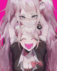 Rule 34 | bear hair ornament, blonde hair, bow, bra, breasts, choker, cleavage, closed eyes, closed mouth, collarbone, cosplay, danganronpa: trigger happy havoc, danganronpa (series), enoshima junko, enoshima junko (cosplay), eyelashes, grey hair, hair bow, hair ornament, highres, ikusaba mukuro, incest, long hair, looking at viewer, open mouth, pink background, rabbit hair ornament, short sleeves, siblings, simple background, sisters, tagme, twincest, twins, twintails, underwear, yuri