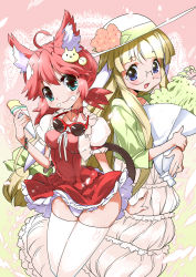 Rule 34 | 2girls, :d, ahoge, animal ears, blonde hair, blue eyes, bouquet, carrying, casual, cat ears, cat hair ornament, cat tail, choker, cream, cream on face, crepe, flower, food, food on face, glasses, hair ornament, hat, highres, holding, looking at viewer, low twintails, multiple girls, naitou ryuu, open mouth, original, panties, pantyshot, red hair, ribbon choker, smile, tail, twintails, underwear