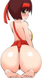Rule 34 | 1girl, alternate color, ass, back, backboob, bare shoulders, barefoot, blush, breasts, brown hair, creatures (company), erika (pokemon), feet, from behind, fundoshi, game freak, green eyes, gym leader, harubato, headband, huge ass, japanese clothes, looking back, nintendo, no bra, open mouth, parted lips, pokemon, seiza, shiny skin, short hair, sitting, tears