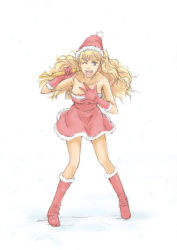 Rule 34 | 00s, 1girl, alternate costume, bare arms, bare legs, bare shoulders, blonde hair, blue eyes, boots, christmas, dress, eyebrows hidden by hair, full body, gloves, hand on own chest, hat, headband, hirasawa meio, holding, holding microphone, long hair, looking at viewer, macross, macross frontier, microphone, music, naughty face, one eye closed, open mouth, red dress, red footwear, red gloves, red headband, round teeth, santa costume, santa hat, sheryl nome, short dress, singing, smile, snowing, solo, standing, strapless, strapless dress, teeth, thick eyebrows, upper teeth only, wavy hair, wink