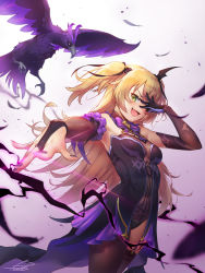 Rule 34 | 1girl, :d, absurdres, animal request, bare shoulders, bird, black nails, black ribbon, black thighhighs, blonde hair, bow, breasts, chuunibyou, cowboy shot, crow, detached sleeves, dutch angle, eyepatch, fang, fischl (genshin impact), foreshortening, from side, garter straps, genshin impact, gloves, green eyes, hair ribbon, hand over eye, hand up, highres, long hair, looking at viewer, magic, medium breasts, nail polish, open mouth, purple bow, purple neckwear, radjeong, ribbon, signature, single thighhigh, smile, solo, thighhighs, two side up