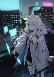 Rule 34 | 1girl, absurdres, ahoge, animal ears, areaaaron, black choker, blue eyes, braid, breasts, building, choker, city, cleavage, closed mouth, coat, english text, fox ears, hair between eyes, highres, hololive, huge filesize, jewelry, long hair, long sleeves, looking at viewer, necklace, night, outdoors, railing, rooftop, shirakami fubuki, shirakami fubuki (fubukitek), skindentation, skyscraper, smile, solo, standing, virtual youtuber, white coat, white hair