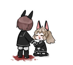 Rule 34 | 1boy, 1girl, ahoge, black jacket, black socks, blood, brown hair, closed eyes, commentary request, garter straps, happy tears, harvest fes, holding hands, jacket, kneeling, librarian (project moon), library of ruina, light brown hair, long sleeves, no nose, open mouth, ponytail, pool of blood, project moon, shirt, short hair, shorts, simple background, smile, socks, tears, white background, white shirt, white shorts