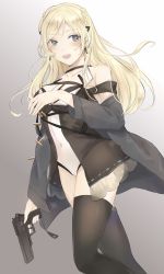 Rule 34 | 1girl, absurdres, bare shoulders, black thighhighs, blonde hair, blue eyes, blush, braid, breasts, choker, cleavage, collarbone, commentary request, dress, girls&#039; frontline, gun, ha ru no 0620, hair ornament, handgun, highres, holding, holding gun, holding weapon, k5 (girls&#039; frontline), large breasts, long hair, looking at viewer, medium breasts, navel, pistol, smile, solo, thighhighs, weapon