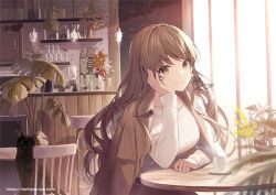 Rule 34 | 1girl, animal, black cat, breasts, brown eyes, brown hair, brown jacket, cat, chair, closed mouth, commentary request, flower, indoors, jacket, jacket on shoulders, jewelry, kagachi saku, long hair, long sleeves, looking at viewer, medium breasts, original, ring, shirt, signature, smile, solo, table, very long hair, watermark, web address, white shirt, window, yellow flower