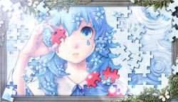 Rule 34 | 1girl, bad id, bad pixiv id, blue eyes, blue flower, blue hair, blue ribbon, blue shirt, bouno satoshi, bug, butterfly, covering one eye, dot nose, finger cots, flower, framed, hair between eyes, hair flower, hair ornament, hand up, highres, insect, jigsaw puzzle, lace-trimmed collar, lace trim, leaf, looking at viewer, medium hair, neck ribbon, parted lips, portrait, puzzle, puzzle girl (vocaloid), ribbon, ripples, shirt, sleeves past elbows, solo, spiked hair, teardrop, teeth, vocaloid, wing collar
