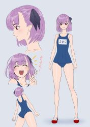 Rule 34 | 1girl, ^^^, ^ ^, arms at sides, ass, back, blue one-piece swimsuit, blush, bow, breasts, character name, character sheet, closed eyes, commentary request, cowboy shot, cropped torso, fate/grand order, fate (series), female focus, flat color, from behind, from below, full body, grey background, hair bow, hair ornament, hair ribbon, half updo, hand up, helena blavatsky (fate), helena blavatsky (swimsuit archer) (fate), helena blavatsky (swimsuit archer) (first ascension) (fate), highres, imizu (nitro unknown), legs apart, looking at viewer, multiple views, one-piece swimsuit, open mouth, pointy ears, portrait, profile, purple eyes, purple hair, red eyes, ribbon, school swimsuit, shiny skin, shoes, short hair, simple background, small breasts, smile, standing, swimsuit, teeth, thighhighs, thighs, translation request, upper teeth only, uwabaki