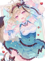 Rule 34 | 1girl, ahoge, animal ear fluff, animal ears, bare shoulders, blue dress, blue nails, blush, bow, breasts, brown hair, claw pose, cleavage, commission, cowboy shot, detached collar, detached sleeves, dress, flower, frilled dress, frills, hairband, heart, heart ahoge, highres, komomo (2899), looking at viewer, medium breasts, nail polish, open mouth, original, pink eyes, puffy short sleeves, puffy sleeves, short hair, short sleeves, signature, skeb commission, smile, solo, tail, thighhighs, white flower, wrist cuffs