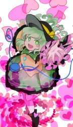 Rule 34 | 1girl, blush stickers, chamaruk, frilled skirt, frilled sleeves, frills, green eyes, green hair, green skirt, happy, hat, hat ribbon, heart, heart-shaped pupils, heart of string, highres, komeiji koishi, long sleeves, open mouth, outstretched arm, ribbon, shirt, shoes, short hair, skirt, smile, solo, symbol-shaped pupils, third eye, touhou, wide sleeves, yellow ribbon, yellow shirt