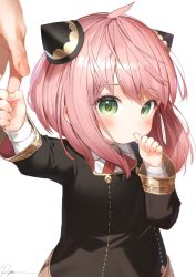 Rule 34 | 1girl, anya (spy x family), blush, child, gold trim, green eyes, hair ornament, highres, jacket, long sleeves, looking at viewer, pink hair, ryota (ry o ta), short hair, simple background, solo, spy x family, upper body, white background
