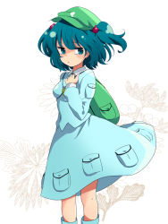 Rule 34 | 1girl, backpack, bad id, bad pixiv id, bag, blue eyes, blue hair, female focus, flower, hair bobbles, hair ornament, hat, ica, kawashiro nitori, key, long sleeves, looking at viewer, matching hair/eyes, pocket, shirt, skirt, skirt set, solo, tears, touhou, twintails, two side up, wind, wind lift