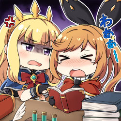 Rule 34 | &gt; &lt;, 10s, 2girls, anger vein, bangle, black gloves, black ribbon, blonde hair, blush, book, book stack, bow, bracelet, brown hair, cagliostro (dark) (granblue fantasy), cagliostro (granblue fantasy), capelet, chibi, clarisse (granblue fantasy), closed eyes, commentary request, gloom (expression), gloves, granblue fantasy, hair ribbon, head tilt, holding, holding book, jewelry, long hair, multiple girls, naginoya, nose blush, open book, open mouth, partially fingerless gloves, ponytail, purple eyes, red bow, ribbon, swept bangs, tears, test tube, tiara