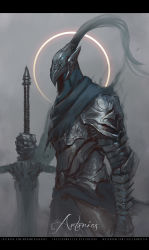 Rule 34 | 1boy, armor, artorias the abysswalker, breastplate, character name, cowboy shot, dark souls (series), dark souls i, eclipse, faceless, fog, from side, gauntlets, greatsword, helmet, highres, holding, holding weapon, hood, knight, letterboxed, male focus, moon, pauldrons, planted, planted sword, planted weapon, plume, shoulder armor, solar eclipse, solo, sun, sword, thefearmaster, watermark, weapon, web address