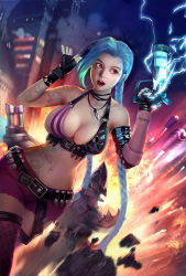 Rule 34 | 1girl, alternate breast size, bare shoulders, belt, blue hair, braid, breasts, bullet, city, cleavage, cutoffs, dainegikun, fingerless gloves, gloves, hairline, jinx (league of legends), large breasts, league of legends, lips, lipstick, long hair, makeup, midriff, navel, open mouth, pink eyes, short shorts, shorts, sideboob, skindentation, solo, strap gap, tattoo, trigger discipline, twin braids, very long hair, weapon