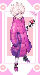 Rule 34 | 1boy, absurdres, bede (pokemon), blonde hair, coat, commentary request, creatures (company), curly hair, full body, g1 (jjw00123), game freak, gloves, hand in pocket, hand up, high collar, highres, holding, holding poke ball, leggings, male focus, nintendo, open mouth, partially fingerless gloves, poke ball, poke ball (basic), pokemon, pokemon swsh, purple coat, purple eyes, purple footwear, shoes, short hair, smile, solo, standing
