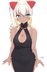 Rule 34 | 1girl, absurdres, animal ears, arms at sides, bare shoulders, black dress, blonde hair, blue eyes, breasts, china dress, chinese clothes, cleavage, cleavage cutout, cloba, closed mouth, clothing cutout, collarbone, commentary request, covered erect nipples, covered navel, dark-skinned female, dark skin, dress, highres, large breasts, long hair, looking at viewer, multicolored hair, original, sidelocks, simple background, smile, solo, two-tone hair, white background, white hair