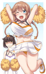 Rule 34 | 2girls, absurdres, alternate costume, armpits, arms up, blue eyes, border, breast envy, brown hair, cheerleader, closed mouth, hatsuzuki (kancolle), highres, holding, holding pom poms, kantai collection, kiritto, looking at viewer, midair, multiple girls, one eye closed, orange panties, panties, pom pom (cheerleading), pom poms, shoes, short hair, sneakers, teeth, teruzuki (kancolle), twintails, underwear, upper teeth only, white border, yellow eyes