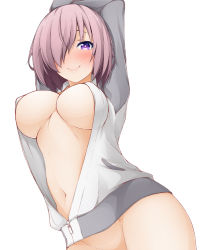 Rule 34 | 1girl, arms up, blush, breasts, cleavage, closed mouth, coat, fate/grand order, fate (series), from below, grey jacket, hair over one eye, hinata masaki, jacket, large breasts, long sleeves, looking at viewer, looking down, mash kyrielight, naked coat, navel, no bra, no panties, open clothes, open jacket, out-of-frame censoring, partially unzipped, pink hair, purple eyes, short hair, simple background, smile, solo, track jacket, white background, zipper pull tab