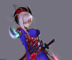 Rule 34 | asymmetrical hair, blue eyes, bow, breasts, dual wielding, fate/grand order, fate (series), floral print, hair ornament, highres, holding, japanese clothes, katana, kimono, looking at viewer, magatama, miyamoto musashi (fate), miyamoto musashi (third ascension) (fate), multiple swords, navel, pink hair, pointing, ponytail, rerubixi, sash, sheath, sheathed, simple background, solo, sword, unsheathed, weapon
