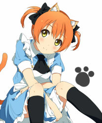 Rule 34 | 10s, 1girl, alternate costume, alternate hairstyle, animal ears, apron, black thighhighs, blue dress, blush, cat ears, cat tail, dress, hoshizora rin, love live!, love live! school idol festival, love live! school idol project, necktie, ogipote, orange hair, puffy sleeves, short hair, short sleeves, smile, solo, tail, thighhighs, twintails, white background, yellow eyes