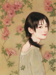 Rule 34 | brown hair, chen shu fen, flower, highres, ponytail, realistic, smile, solo