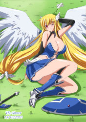 Rule 34 | 10s, 1girl, 2010, angel wings, artist name, astraea (sora no otoshimono), blonde hair, blush, breasts, cleavage, collar, dated, large breasts, legs, long hair, long legs, midriff, miniskirt, one eye closed, panties, pantyshot, red eyes, skirt, solo, sora no otoshimono, the-sinner, thighs, twintails, underwear, upskirt, very long hair, weapon, wings, wink
