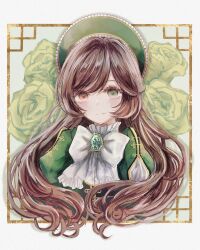 Rule 34 | 1girl, adapted costume, blush, bonnet, bow, bowtie, brown hair, closed mouth, commentary request, dress, flower, gem, green brooch, green dress, green eyes, green flower, green gemstone, green headwear, green rose, heterochromia, highres, juliet sleeves, lolita fashion, long hair, long sleeves, looking at viewer, puffy sleeves, red eyes, rose, rozen maiden, smile, solo, suiseiseki, tsukima chiko, upper body, very long hair, white bow, white bowtie