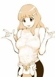 Rule 34 | 10s, 2girls, :3, age difference, breasts, child, futaba anzu, hair ornament, head under another&#039;s clothes, idolmaster, idolmaster cinderella girls, long hair, m/, monochrome, moroboshi kirari, multiple girls, onee-loli, ribbed sweater, sleeveless, sleeveless turtleneck, standing, star (symbol), star hair ornament, sweater, sweater vest, turtleneck, ueyama michirou, under another&#039;s clothes, yuri