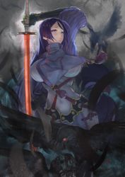 Rule 34 | armor, bird, black gloves, bodysuit, breasts, covered navel, fate/grand order, fate (series), fingerless gloves, gloves, glowing, glowing sword, glowing weapon, ha2ru, holding, holding sword, holding weapon, huge breasts, japanese armor, katana, kote, loincloth, long hair, minamoto no raikou (fate), parted bangs, purple bodysuit, purple eyes, purple hair, ribbed sleeves, rope, solo, sword, tabard, very long hair, weapon