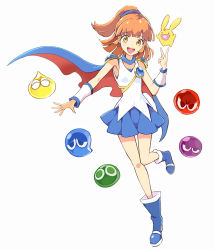 Rule 34 | 1girl, 6+others, :d, arle nadja, blue cape, blue footwear, blue skirt, blunt bangs, boots, brown eyes, brown hair, cape, carbuncle (puyopuyo), commentary, creature, highres, looking at viewer, multiple others, okken, open mouth, puyo (puyopuyo), puyopuyo, rabbit, shirt, short hair, short ponytail, simple background, skirt, sleeveless, sleeveless shirt, smile, white background